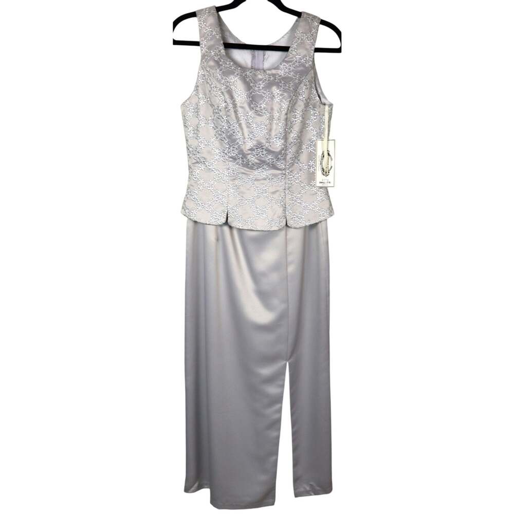 Vintage 90s POLY Silver Dress Floral Embroidery Sparkle Shimmer Satin Formal